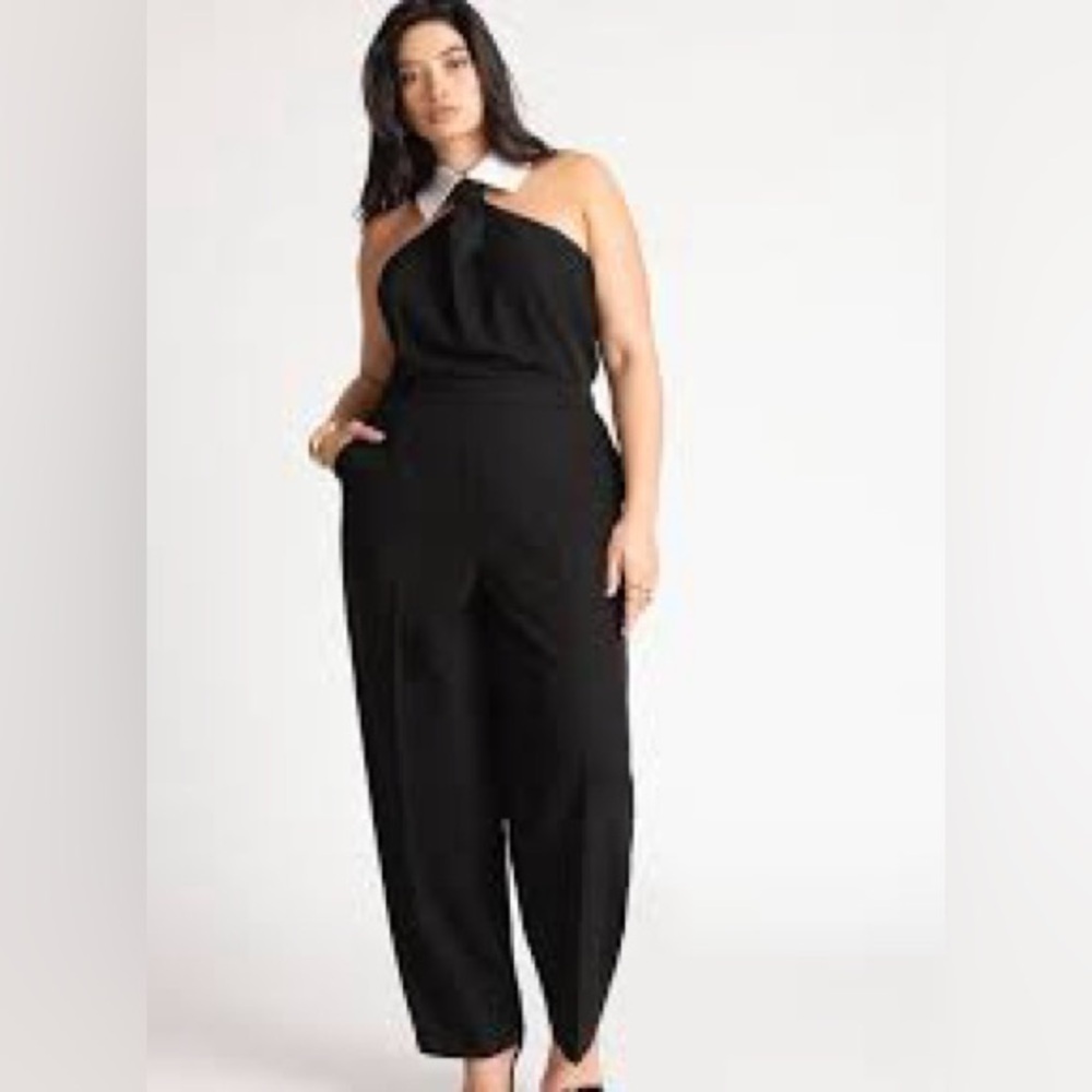 Eloquii Black Faux Tie Collared Jumpsuit - Picture 1 of 8